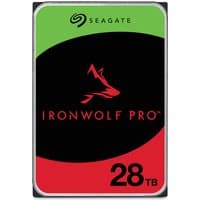 Seagate IronWolf Pro 28TB internal hard drive with black, red, and green label, featuring wolf logo and 7200 RPM speed.