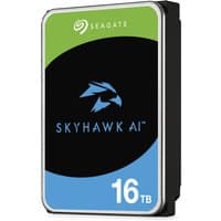 Seagate SkyHawk AI 16TB internal hard drive, black with green and blue label, featuring a hawk logo.