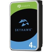 Seagate SkyHawk 4TB internal hard drive, black casing, green and blue label with bird logo and capacity details.