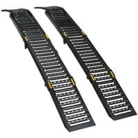 Black steel folding loading ramps with silver rungs and yellow accents, 500kg capacity per pair.