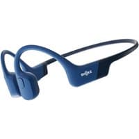 Blue SHOKZ OpenRun wireless neck-band sports Bluetooth headset with open-ear design and sleek curved frame.