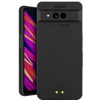 Black Sonim XP Pro Thermal smartphone with dual cameras, textured back, and vibrant 6.58" display showing abstract colors.