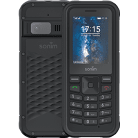 Black Sonim XP100 rugged mobile phone with 2.4" screen, physical keypad, and textured back.