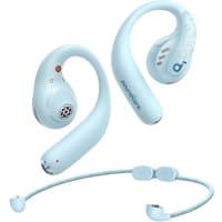 Aqua Soundcore AeroFit Pro wireless ear-hook headset with sleek design and Bluetooth connectivity for calls and music.