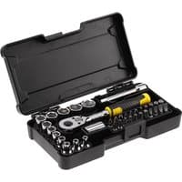 Black and yellow Stanley ratchet wrench set with sockets in a black plastic case.
