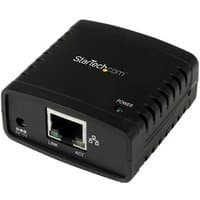 Black StarTech.com Ethernet to USB 2.0 print server with LED indicators and network port.