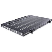 Black StarTech 1U adjustable vented server rack mount shelf with slotted design and four-post compatibility.