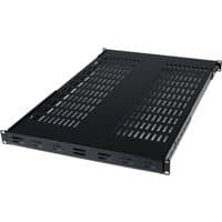Black 1U adjustable vented server rack mount shelf with perforated surface and sturdy metal construction.
