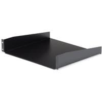 Black StarTech.com 2U server rack shelf with cantilever design and vented base for universal rack mounting.