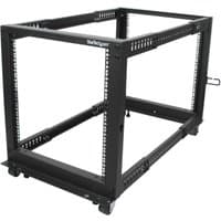 Black StarTech.com 4-Post 12U mobile open frame server rack with casters and adjustable mounting rails.