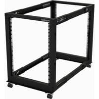 Black StarTech.com 4-Post 15U mobile open frame server rack with casters and adjustable mounting rails.