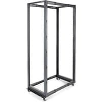 Black StarTech.com 4-Post 42U mobile open frame server rack with casters and adjustable mounting rails.