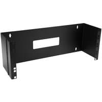 Black StarTech.com 4U 19in hinged wall mounting bracket with rectangular cutout and multiple screw holes.