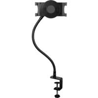 Black StarTech.com gooseneck tablet holder with bendable arm and clamp base for desk attachment.