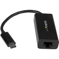 Black StarTech.com USB-C to Gigabit Ethernet adapter with short cable and RJ45 port.