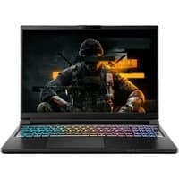 Black STORMFORCE ExoBook 16 laptop with RGB keyboard, featuring a gaming-themed screen display.