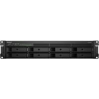 Black Synology RackStation RS1221RP+ 2U NAS server with Ryzen V1500B, 4 GB DDR4, eight drive bays, and LED indicators.