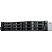 Black Synology RackStation RS2423RP+ NAS server with 12 drive bays, 2U size, sleek front panel, and ventilation slots.
