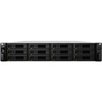 Black and grey Synology RX1217RP 2U rack disk array with 12 drive bays and dual power supplies.