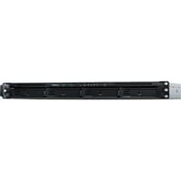 Black and grey Synology RX418 disk array, 1U rackmount design, front view with multiple drive bays.