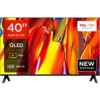 Black TCL 40V5C-UK 40" Full HD Smart TV with vibrant display, slim bezels, dual stand, and Wi-Fi connectivity.