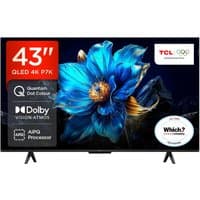 TCL 43" 4K Ultra HD Smart TV with thin bezels, black stand, vibrant blue flower display, and Dolby Vision logo.