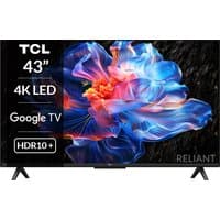 TCL 43V6C 43 Inch 4K LED Smart TV with thin bezels, HDR10+, Google TV, and vibrant abstract flower display.