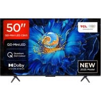 TCL 50-inch 4K QD-MiniLED Smart TV with thin bezels, vibrant display, and dual stand legs.