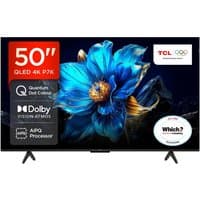 TCL 50" 4K Ultra HD Smart TV with metallic frame, Wi-Fi, vibrant blue flower display, Dolby Vision, and AI processor.