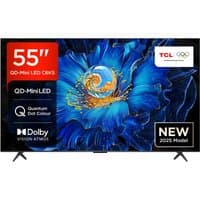 55" TCL 4K QD-MiniLED Smart TV with thin bezels, vibrant blue flower display, and Dolby Vision Atmos branding.