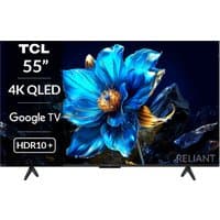 TCL 55" 4K QLED Smart TV with vibrant blue flower display, HDR10+, and Google TV branding, sleek black frame and stand.