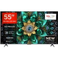 TCL 55" QLED Mini-LED Smart TV with thin bezels, vibrant display showing a green and gold floral pattern, dual stand.