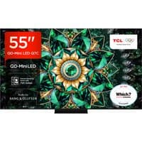 TCL 55" 4K Ultra HD Smart TV with thin bezels, vibrant display, and metallic finish, featuring QD-Mini LED technology.