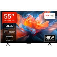 TCL 55T8C-UK 55" 4K Ultra HD Smart TV, slim metallic frame, vibrant display, dual stand, Wi-Fi enabled.