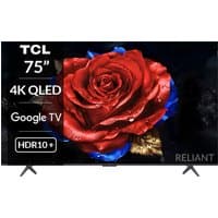 75-inch TCL 4K QLED Smart TV with thin bezels, displaying a vivid red rose on a black background.