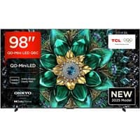 TCL 98" 4K QLED Mini-LED Smart TV with thin bezels, vibrant display, and sleek black stand.