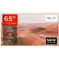 TCL 65-inch 4K QLED TV with thin bezel, Dolby Vision IQ, HDR10+, Google TV interface, Game Master Pro feature.