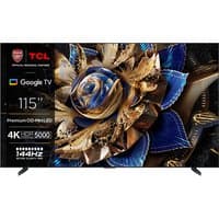 TCL X95 115X955K MAX TV with 115-inch screen, 4K resolution, Google TV, and vibrant abstract floral display.
