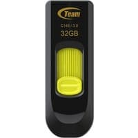 Black and yellow Team Group C145 USB flash drive, 32GB, USB Type-A 3.2 Gen 1, with a sliding cover design.