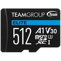 Black Team Group ELITE A1 512 GB MicroSDXC card with blue stripe and white text detailing speed and capacity.