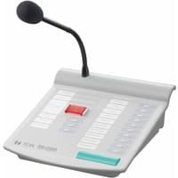 White TOA RM-200MS emergency microphone with flexible gooseneck, control panel, red and green buttons.