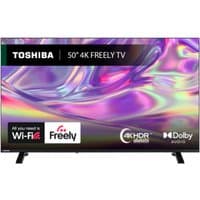 Toshiba 50" 4K UHD LED Vidaa TV with sleek black frame, HDR, Dolby Audio, and Wi-Fi connectivity logos on screen.