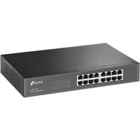 Black TP-Link 16-port Gigabit network switch with LED indicators and metal casing, suitable for desktop or rackmount use.