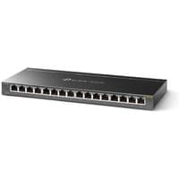 Black TP-Link 16-Port Gigabit Unmanaged Pro Switch with metal casing and front-facing Ethernet ports.