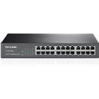 Black TP-Link 24-port 10/100Mbps network switch with LED indicators and rackmount design.