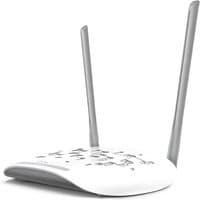 White TP-Link modem router with two gray antennas, sleek design, and LED indicators on top.