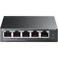 Black TP-Link 5-Port PoE Switch with four Ethernet ports and LED indicators on a compact desktop design.