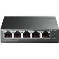 Black TP-Link 5-Port 10/100Mbps desktop switch with 4-Port PoE, featuring LED indicators above each port.