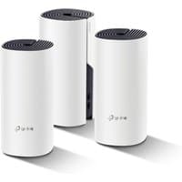 White cylindrical TP-Link AC1200 + AV1000 mesh Wi-Fi system, black top vents, three units in a set.