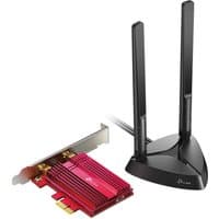 TP-Link Archer TX3000E WLAN card with red heat sink and dual black antennas on a stand.